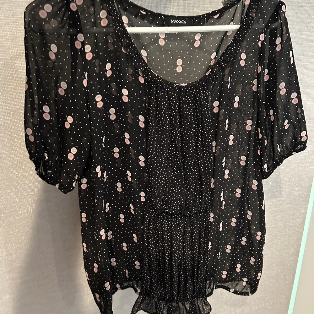 Max & Co. Black and Pink Tie Pleated Blouse